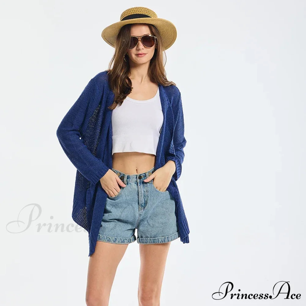 Summer Cozy Mesh Open Front Long Sleeve Comfortable Thin Fashionable Cardigan Sweater Navy Blue / S