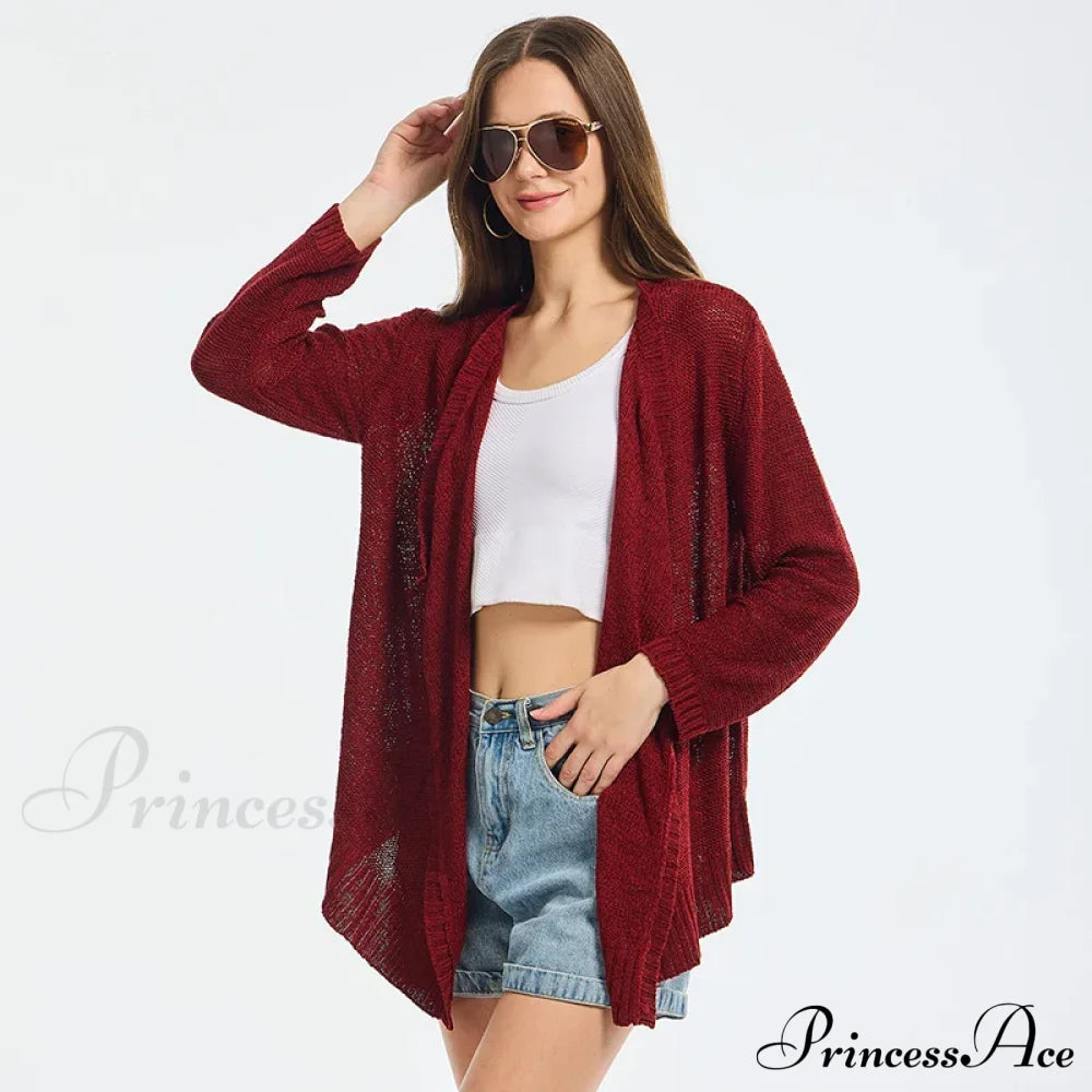 Summer Cozy Mesh Open Front Long Sleeve Comfortable Thin Fashionable Cardigan Sweater Red / S