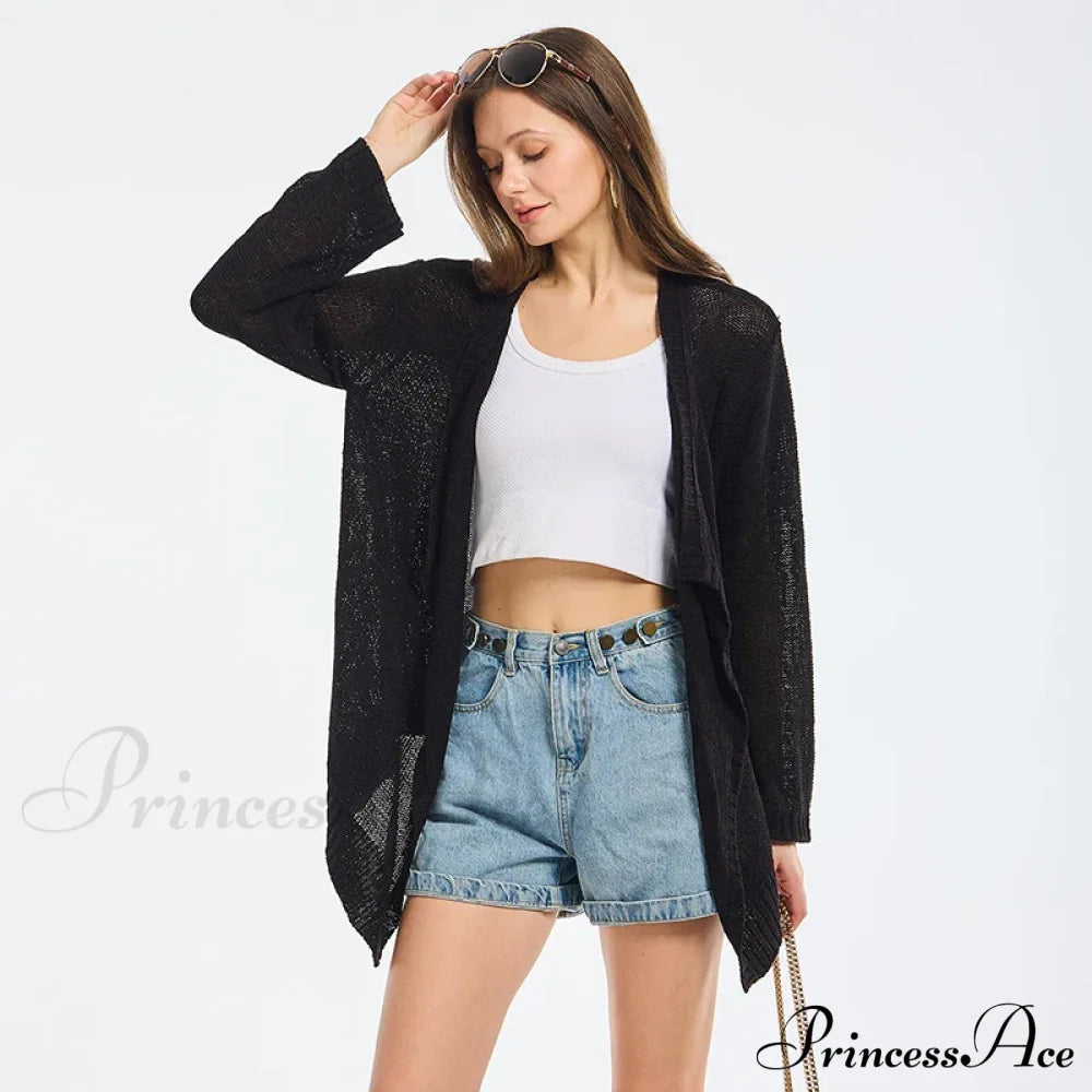 Summer Cozy Mesh Open Front Long Sleeve Comfortable Thin Fashionable Cardigan Sweater Sweaters-L