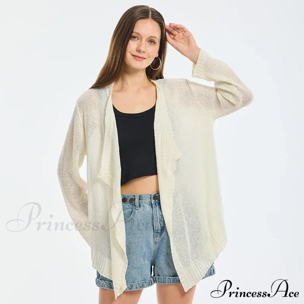 Summer Cozy Mesh Open Front Long Sleeve Comfortable Thin Fashionable Cardigan Sweater Sweaters-L