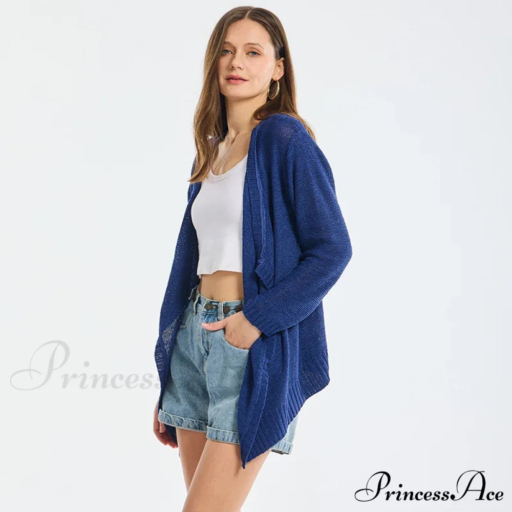 Summer Cozy Mesh Open Front Long Sleeve Comfortable Thin Fashionable Cardigan Sweater Sweaters-L