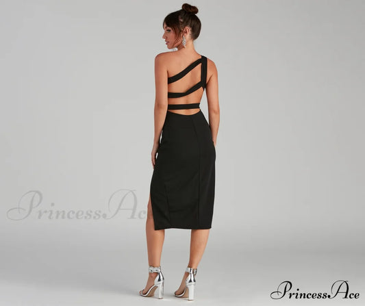 Summer Crepe One-Shoulder Charming Midi Party Dress S.o. Short Dresses