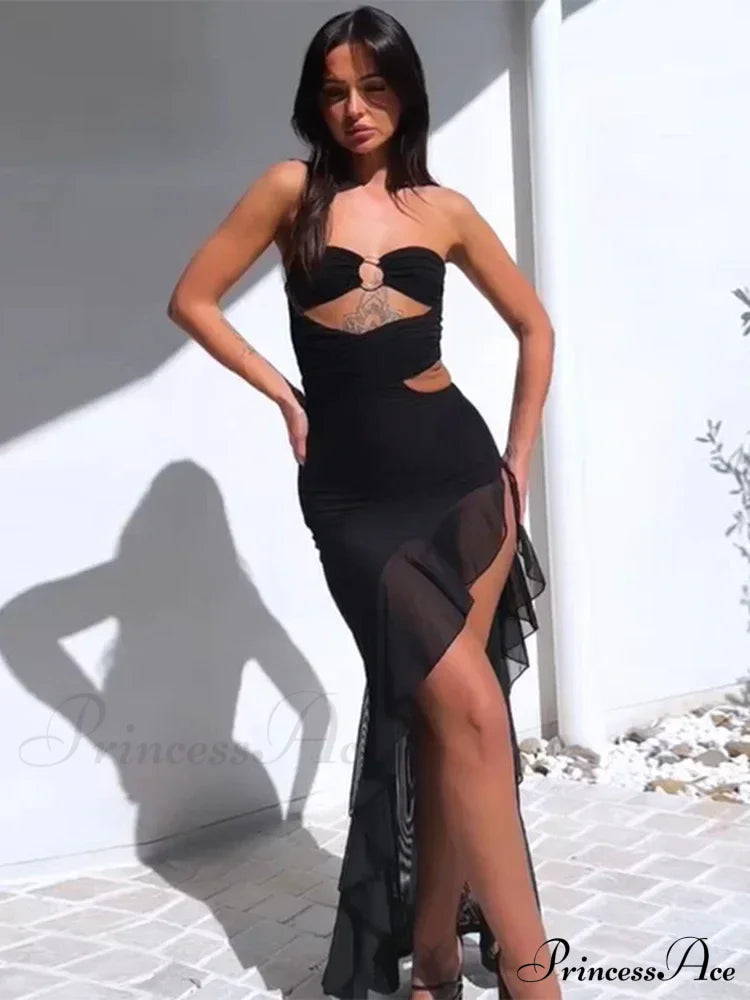 Summer Cut Out Backless Slit Party Club Elegant Gown Ruffle Midi Dress