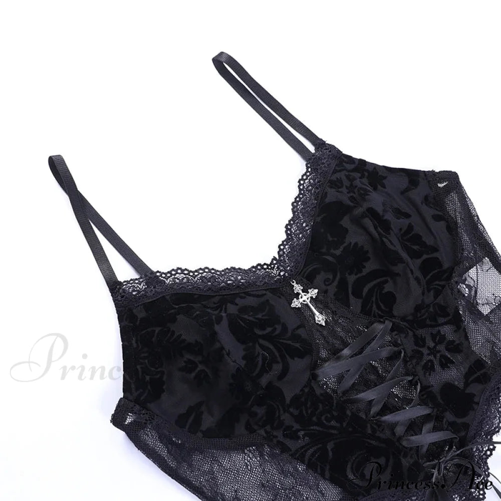 Summer Dark Gothic Lace Suede Sexy Babes Cross Stylish Elegant Trendy Crop Top