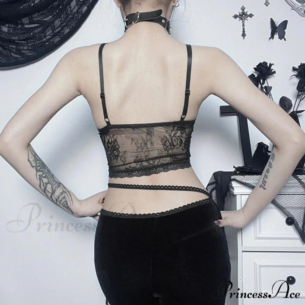 Summer Dark Gothic Lace Suede Sexy Babes Cross Stylish Elegant Trendy Crop Top