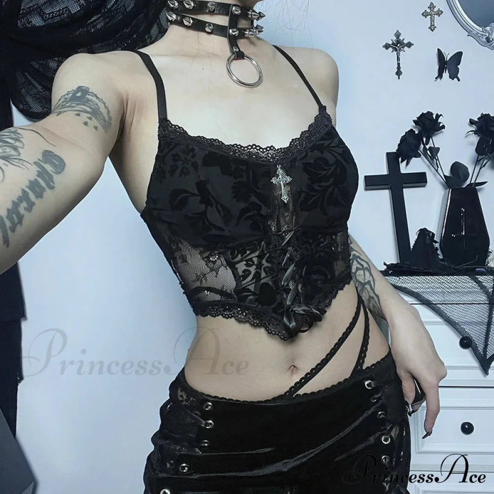 Summer Dark Gothic Lace Suede Sexy Babes Cross Stylish Elegant Trendy Crop Top