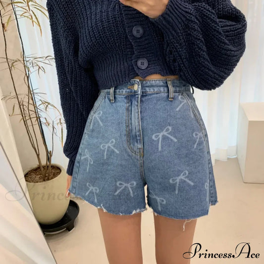 Summer Denim High Waist Printed Burrs Streetwear Mini Blue Color Jeans Short / S