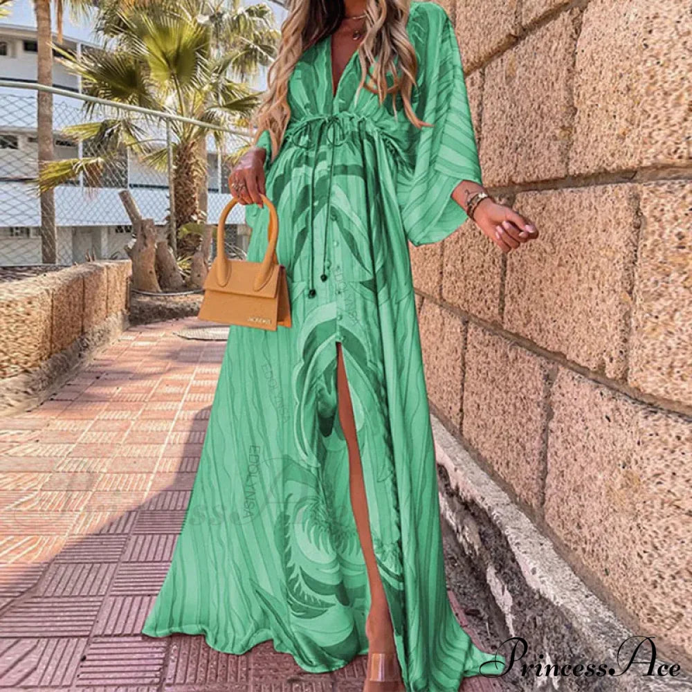 Summer Elegant Gorgeous Printing Long Party Boho Dress Dark Green / S