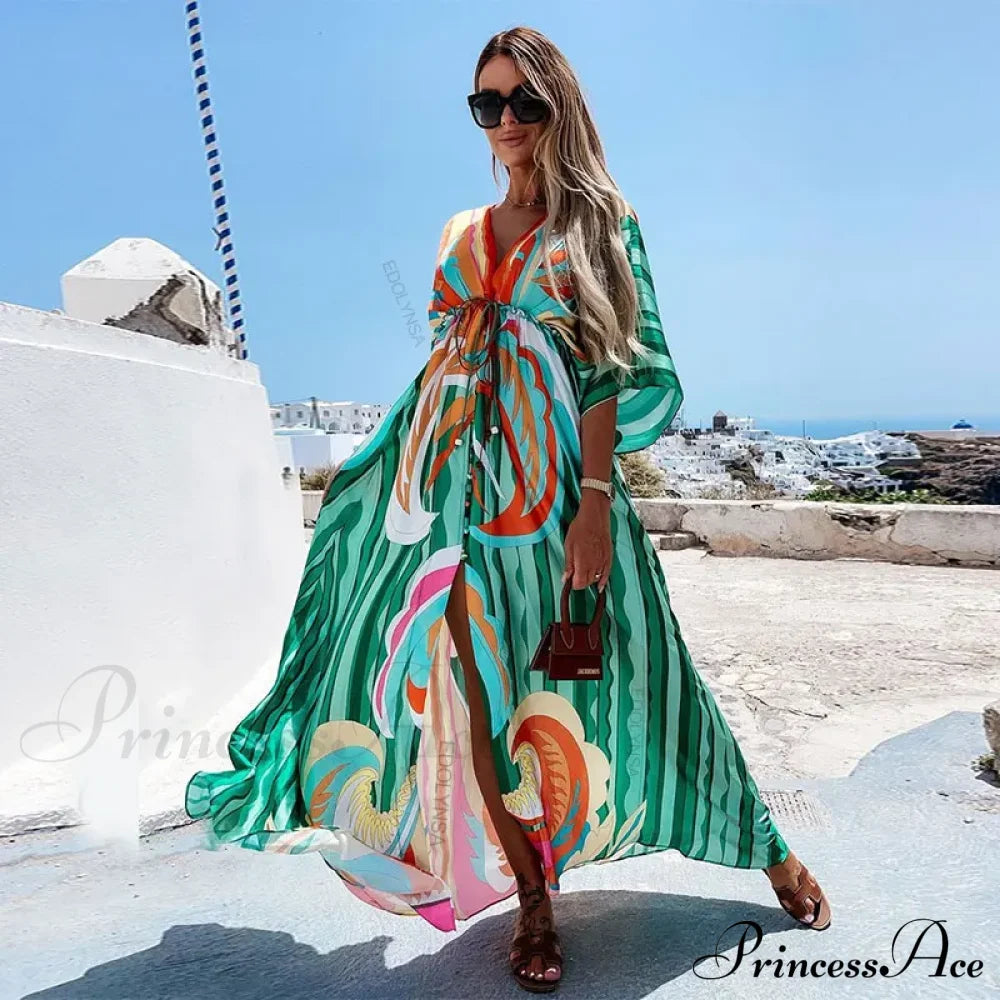 Summer Elegant Gorgeous Printing Long Party Boho Dress Green / S