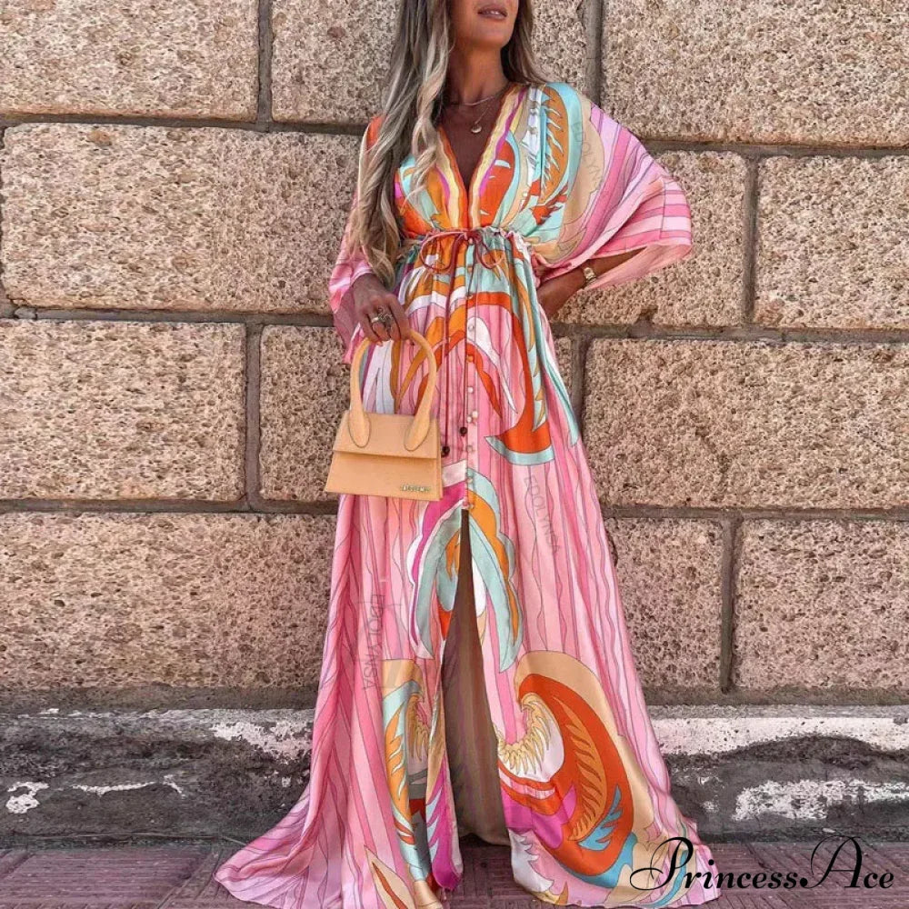 Summer Elegant Gorgeous Printing Long Party Boho Dress Pink / S