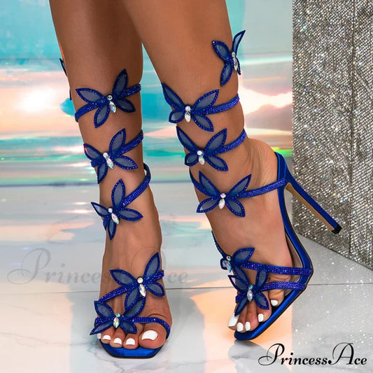 Summer Fashion Crystal Butterfly Ankle Strap Sandals - Green High Heels Size 42 Blue / 36