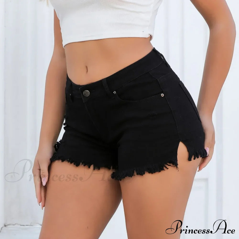 Summer Fashion Women High Waisted Denim Casual Tear Edge Short Black / S