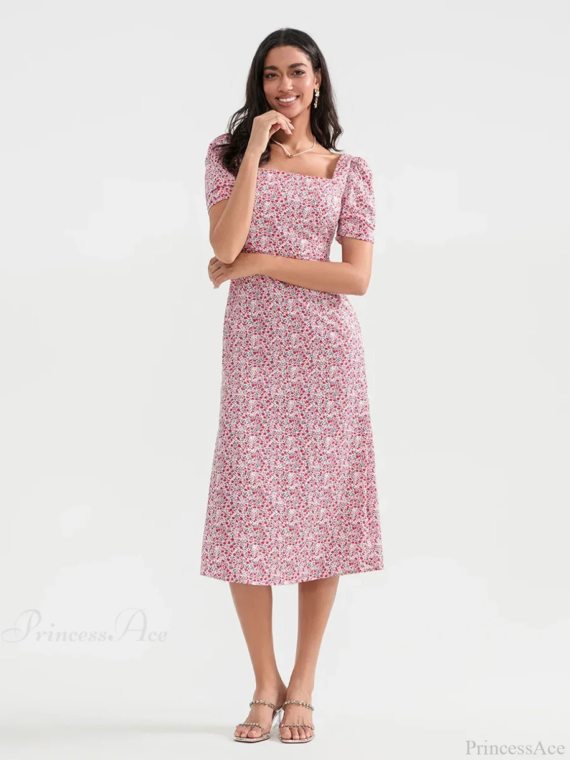 Summer Floral Midi Puff Sleeve A-Line Floral Dress floraldress-250126