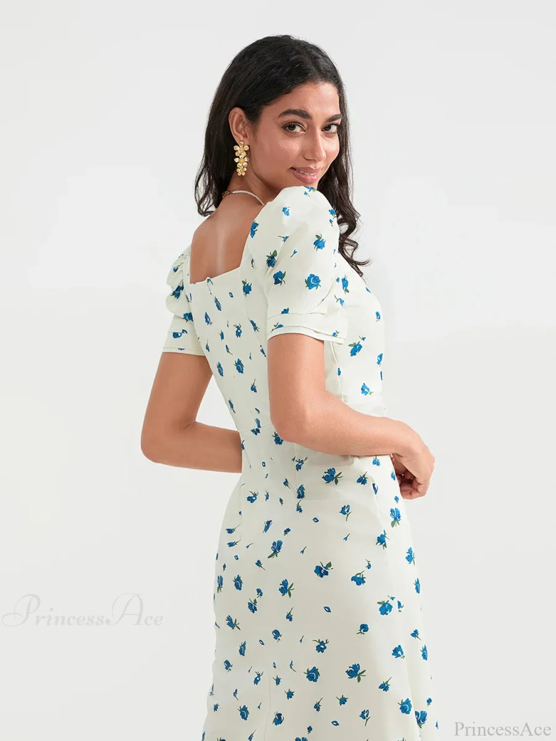 Summer Floral Midi Puff Sleeve A-Line Floral Dress floraldress-250126