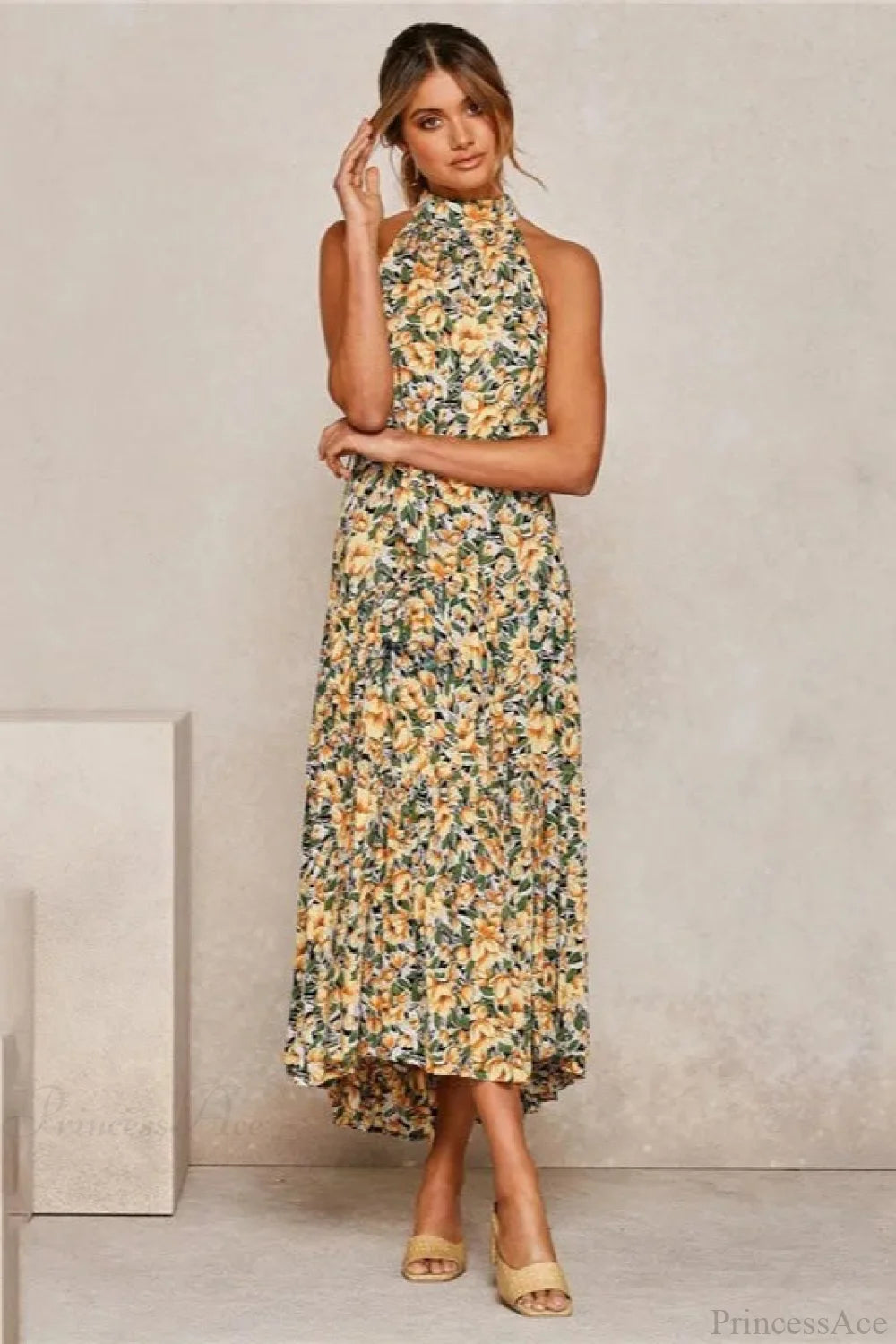 Summer Floral Print Halter Neck Beach Floral Dress Blue / S oldfloraldress-250126