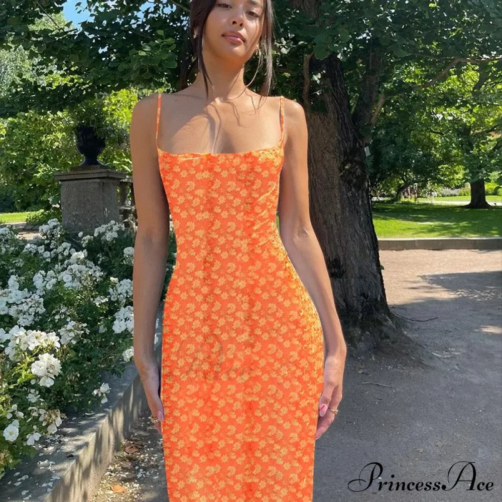 Summer Floral Print Sleeveless Y2K Boho Beach Party Club Casual Midi Dress Orange / S