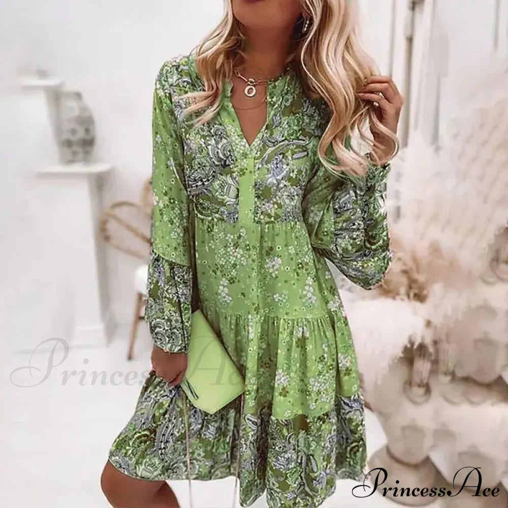 Summer Floral Print V Neck Ruffles Boho Dress