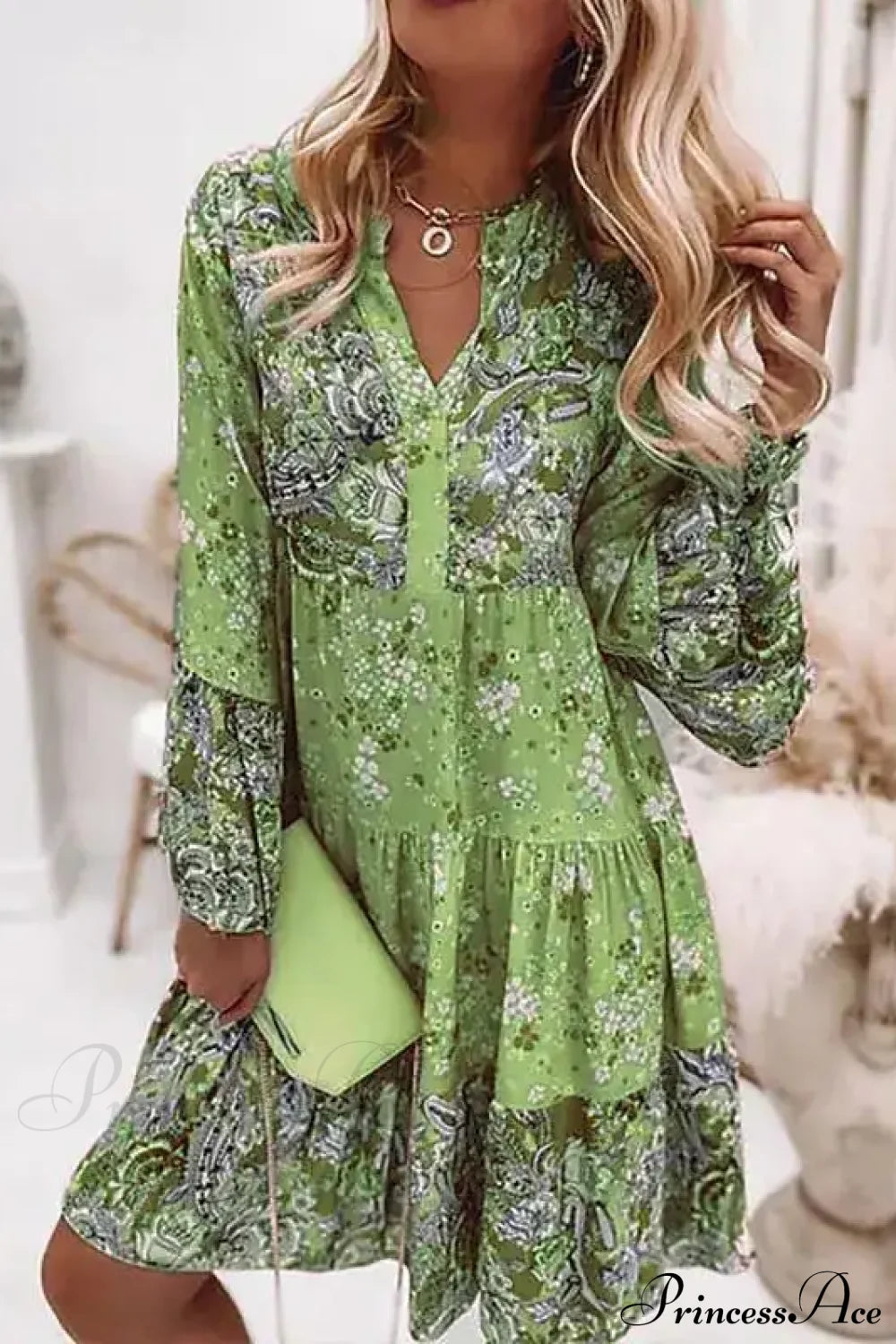 Summer Floral Print V Neck Ruffles Boho Dress