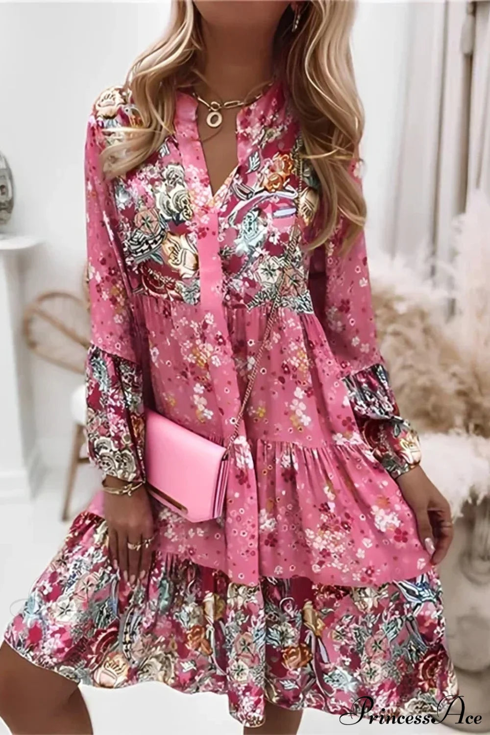 Summer Floral Print V Neck Ruffles Boho Dress