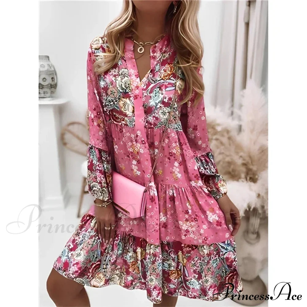 Summer Floral Print V Neck Ruffles Boho Dress