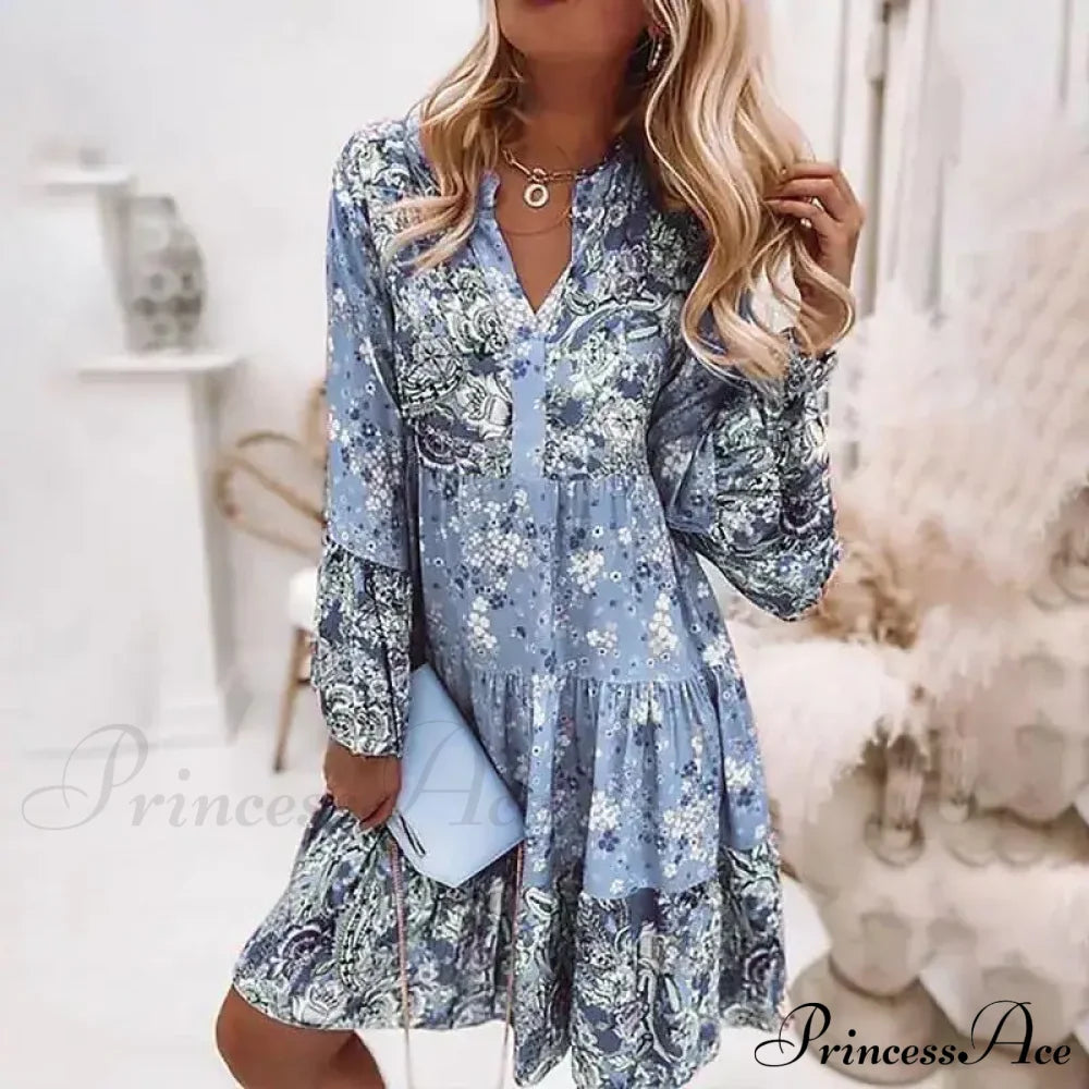 Summer Floral Print V Neck Ruffles Boho Dress