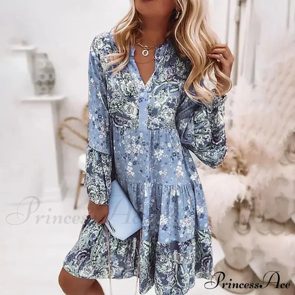 Summer Floral Print V Neck Ruffles Boho Dress Blue / S