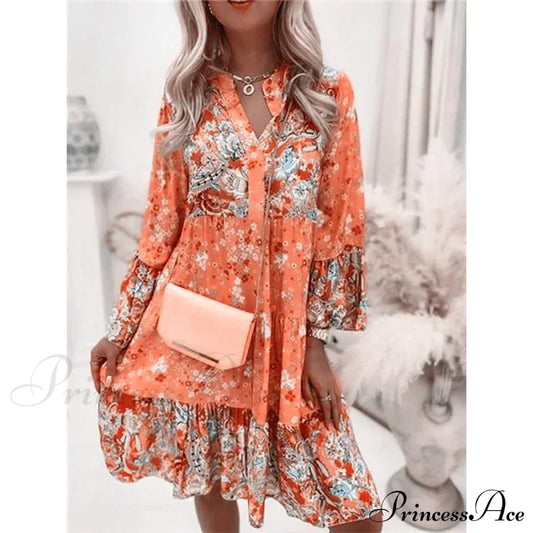 Summer Floral Print V Neck Ruffles Boho Dress Orange / S