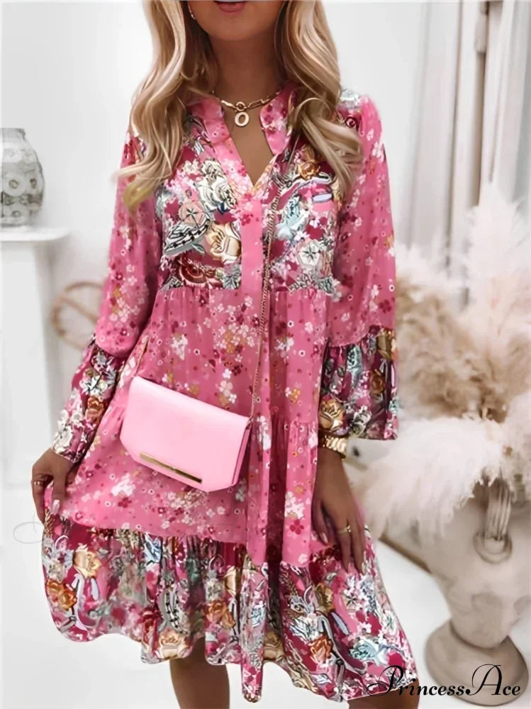 Summer Floral Print V Neck Ruffles Boho Dress Pink / S