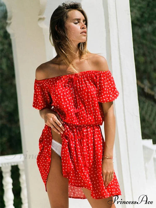 Summer Floral Printed Off-The-Shoulder Short Sleeves Mini Dress - Red Dresses