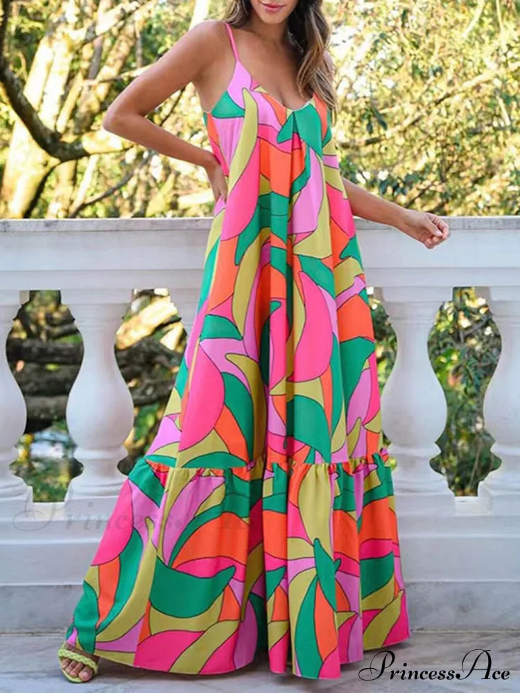 Summer French Deep V-Neck Graceful Backless Halter Printed Dresses Multicolor / S