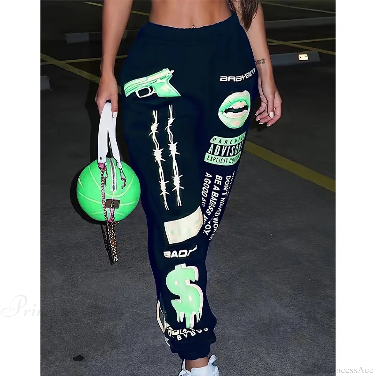 Summer Graphic High Waist Jogger Pants Green Black / S