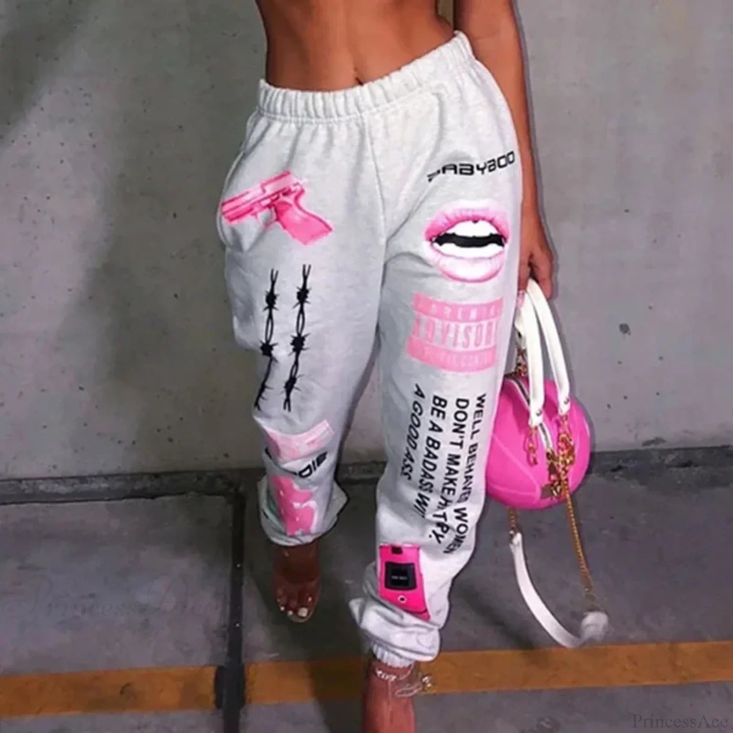 Summer Graphic High Waist Jogger Pants Grey White / S