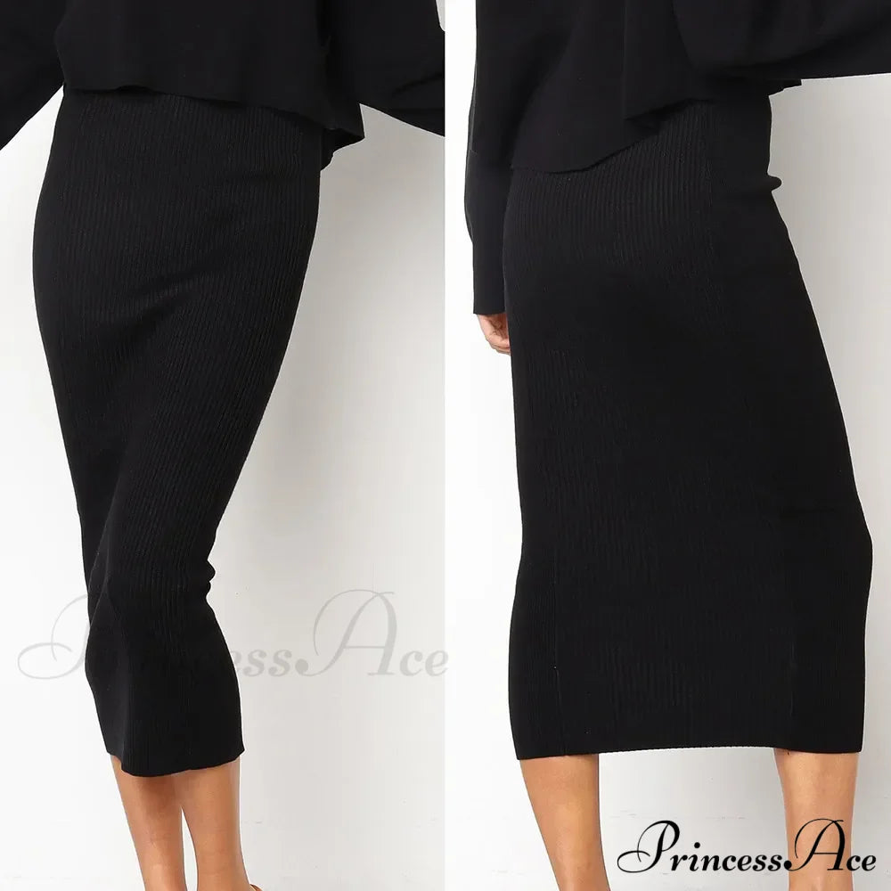 Summer Long Knitted Bodycon Slim Elegant Solid Black Midi Pencil Skirt / S