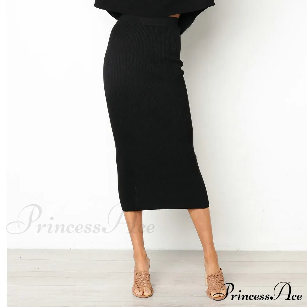 Summer Long Knitted Slim Elegant New Spring Stylish Bodycon Black Midi Skirt