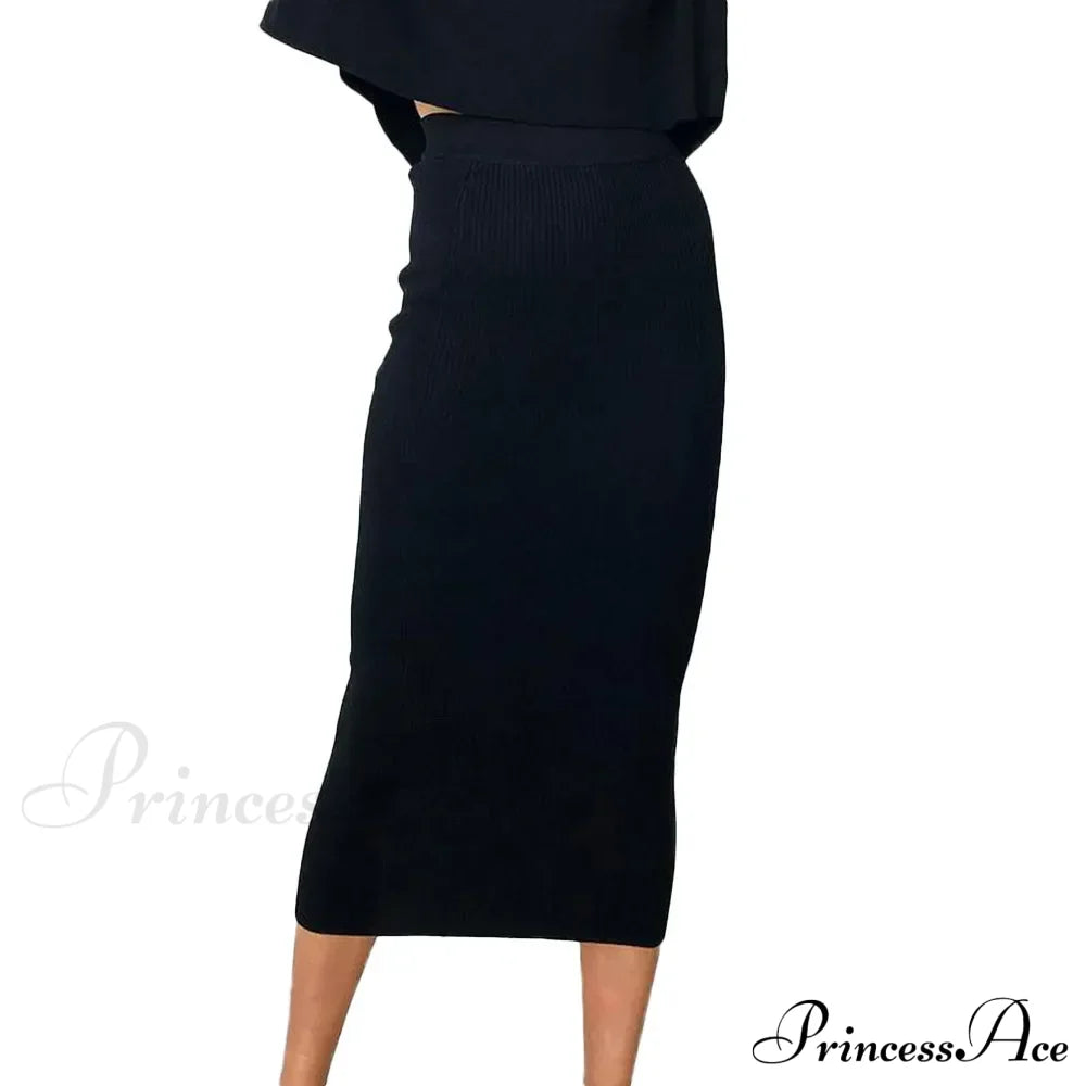 Summer Long Knitted Slim Elegant New Spring Stylish Bodycon Black Midi Skirt