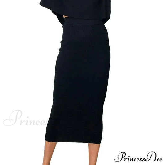 Summer Long Knitted Slim Elegant New Spring Stylish Bodycon Black Midi Skirt