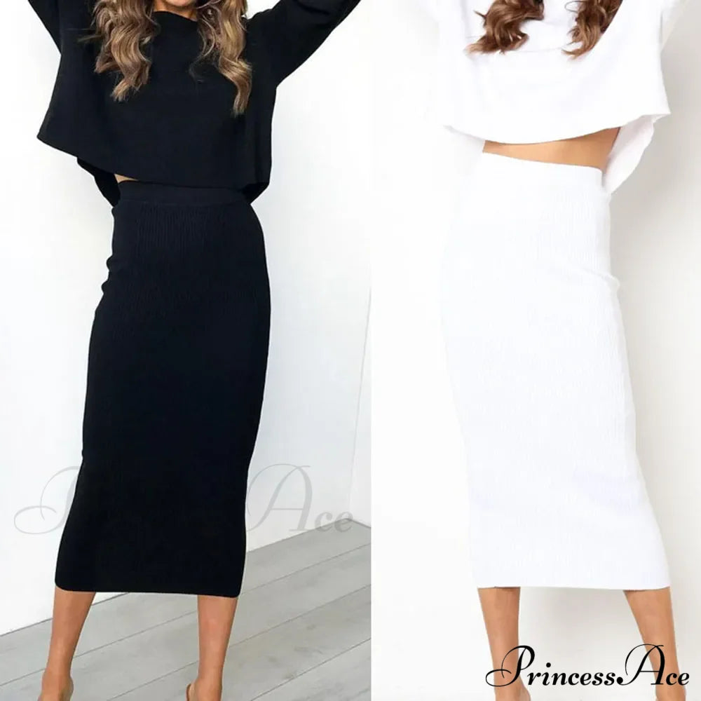 Summer Long Knitted Slim Elegant New Spring Stylish Bodycon Black Midi Skirt