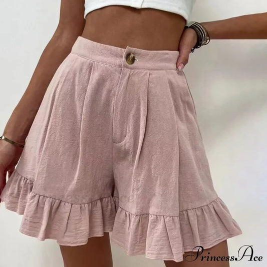 Summer Loose Fitting Wide Leg A Line Ruffle Trim Cotton Linen Texture Soft Wear Short Pink / S