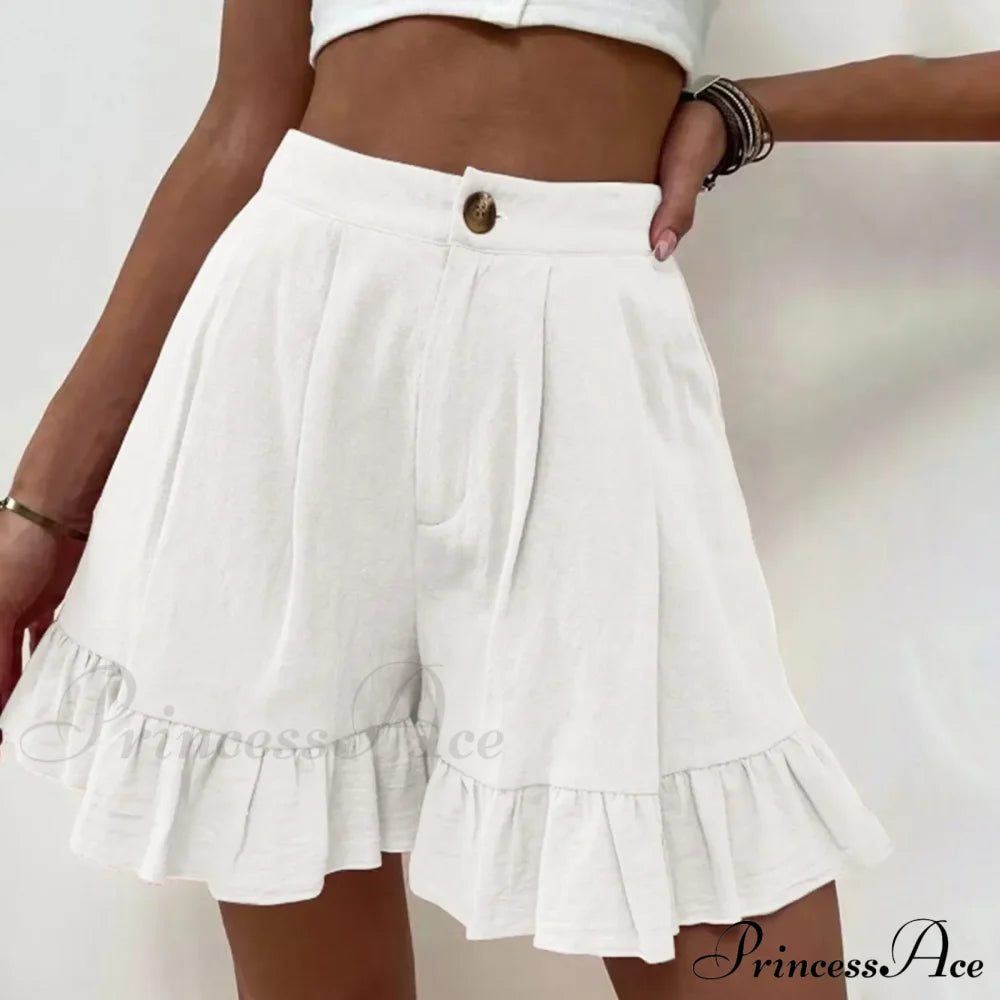 Summer Loose Fitting Wide Leg A Line Ruffle Trim Cotton Linen Texture Soft Wear Short White / S