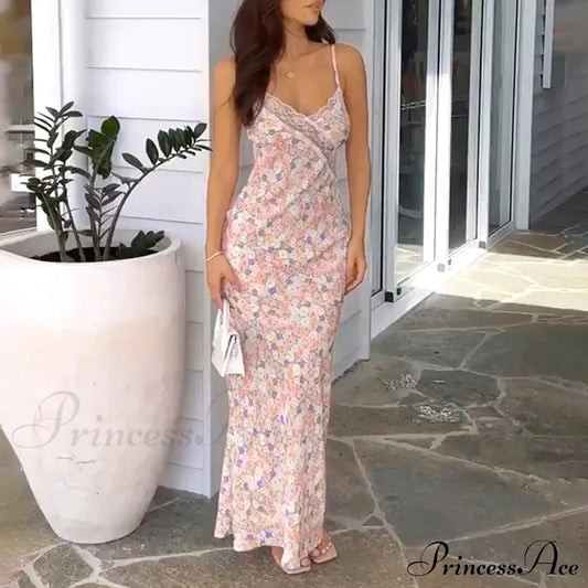 Summer Maxi Print Sleeveless Backless Lace Casual Elegant Club Party Bodycon Dress Pink / S