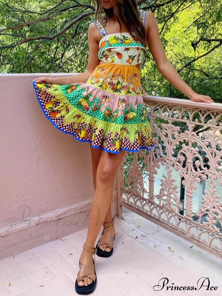 Summer Multicolorlemon Preated Charming Hem Mini Dress Dresses