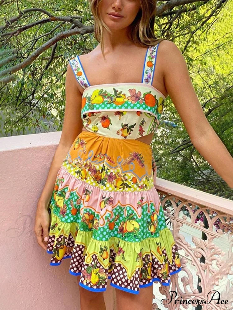 Summer Multicolorlemon Preated Charming Hem Mini Dress Dresses