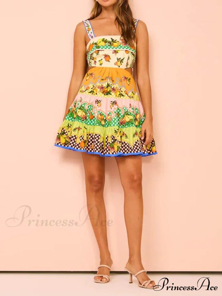 Summer Multicolorlemon Preated Charming Hem Mini Dress Dresses