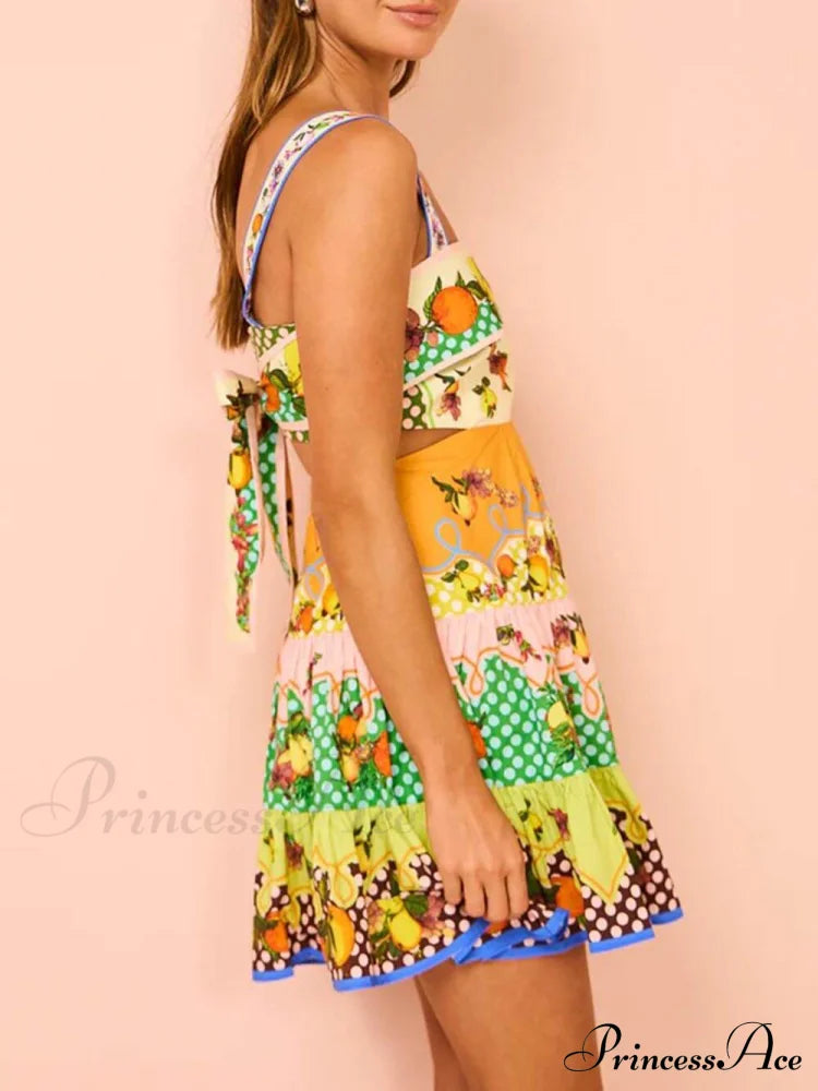 Summer Multicolorlemon Preated Charming Hem Mini Dress Dresses