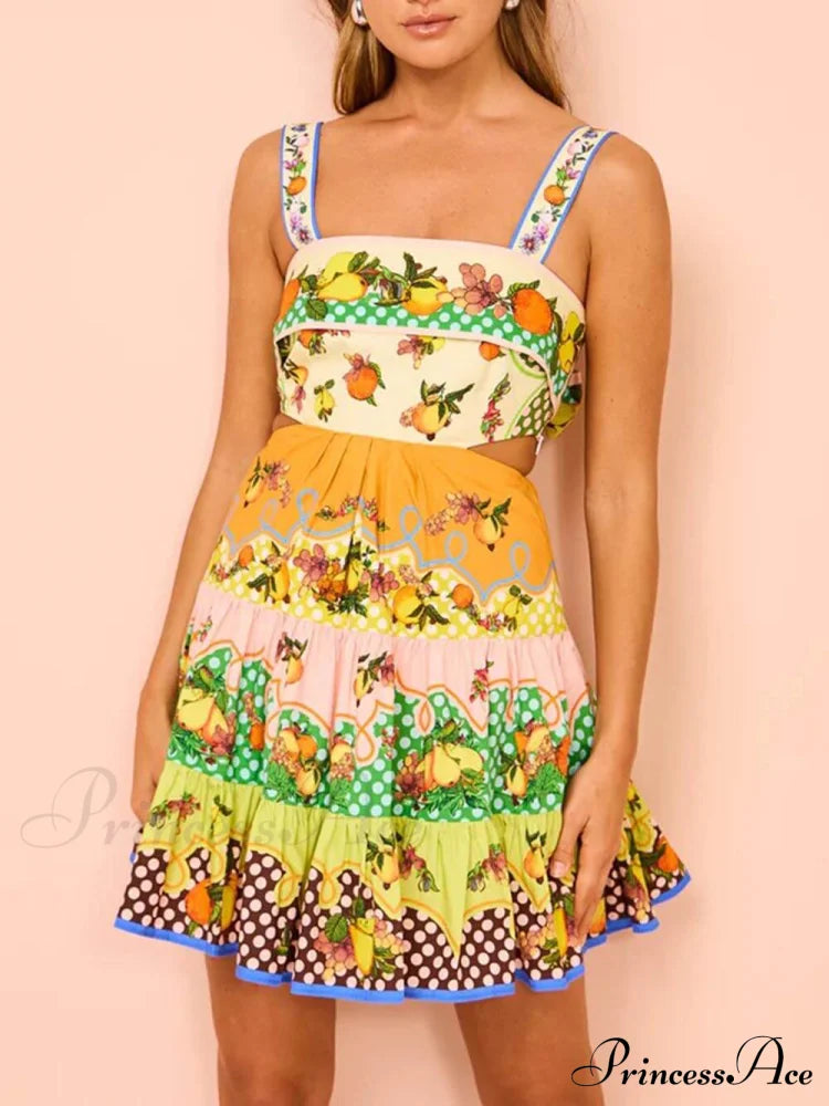 Summer Multicolorlemon Preated Charming Hem Mini Dress Multicolor / S Dresses