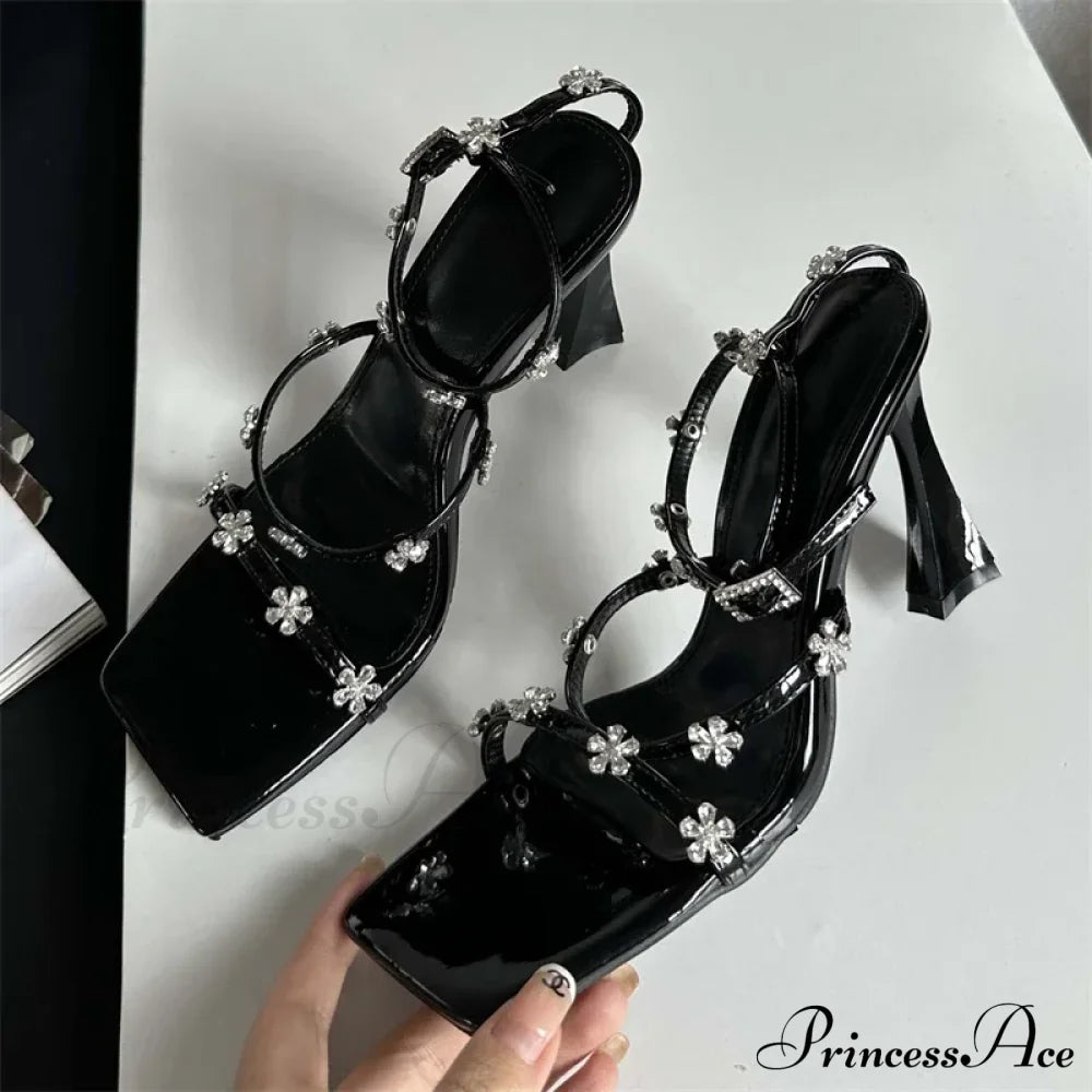 Summer Narrow Band Crystal Buckle Strap Sexy Square Toe Party Dress Low Heel Pump Black / 35