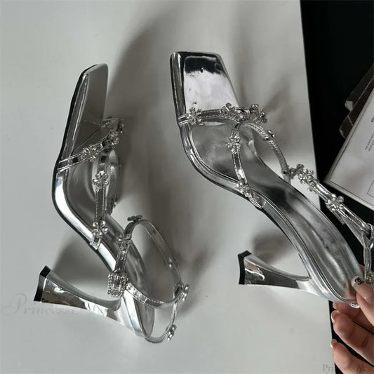 Summer Narrow Band Crystal Buckle Strap Sexy Square Toe Party Dress Low Heel Pump Silver / 35