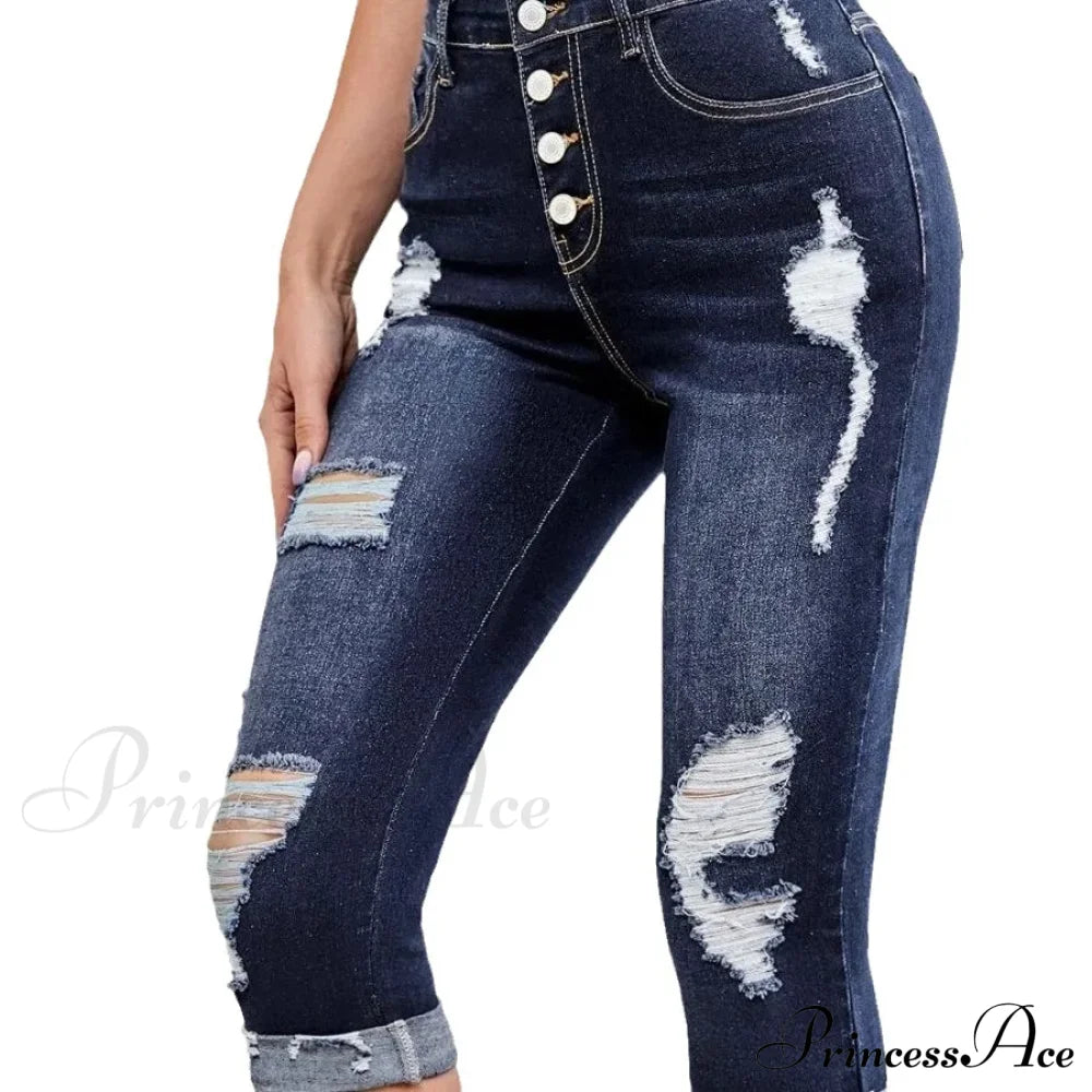 Summer New Skinny Stretch Ripped Calf-Length Casual Female Fashion Jean