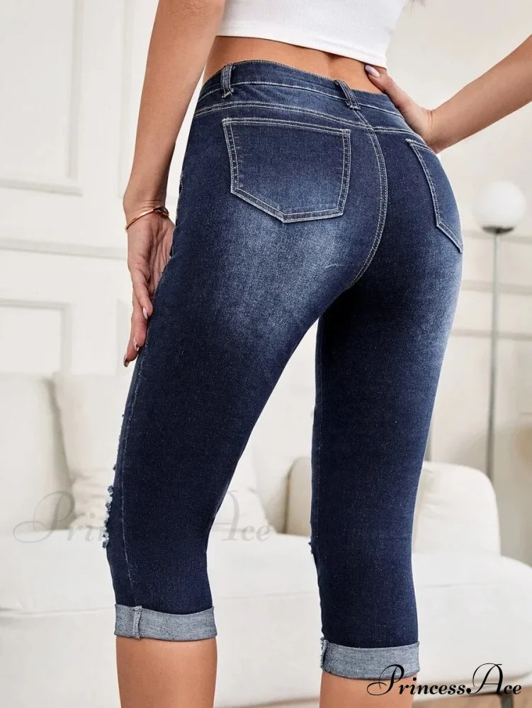 Summer New Skinny Stretch Ripped Calf-Length Casual Female Fashion Jean