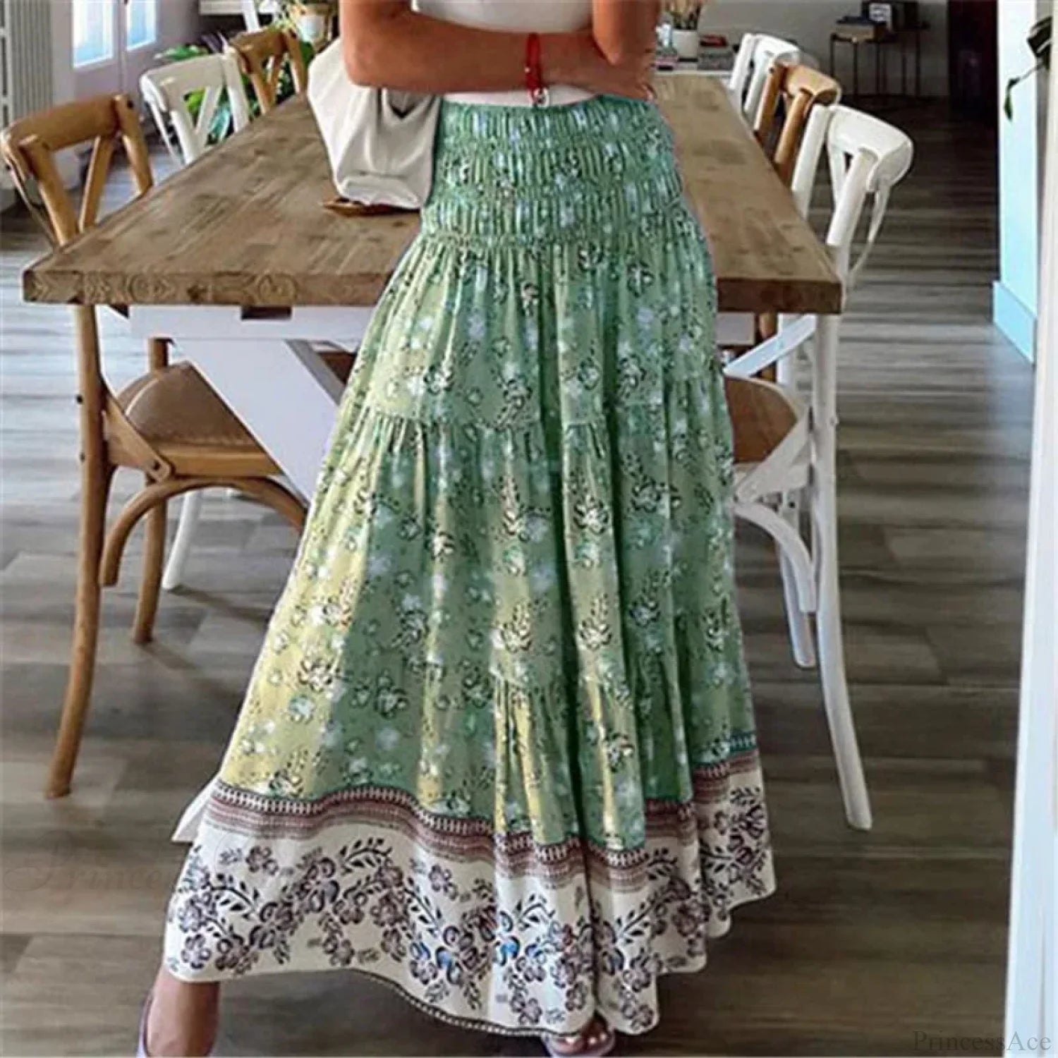 Summer New Women’s Printing Skirt Elastic High Waist Pleated Boho Green / S skirt-250126